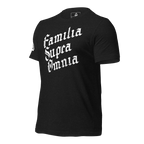 Black t-shirt, three-quarter view angled right, featuring white "Familia Supra Omnia" chest text.