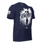 Navy blue t-shirt angled left featuring a white "Forever Remember the Fallen" graphic and a white American flag.