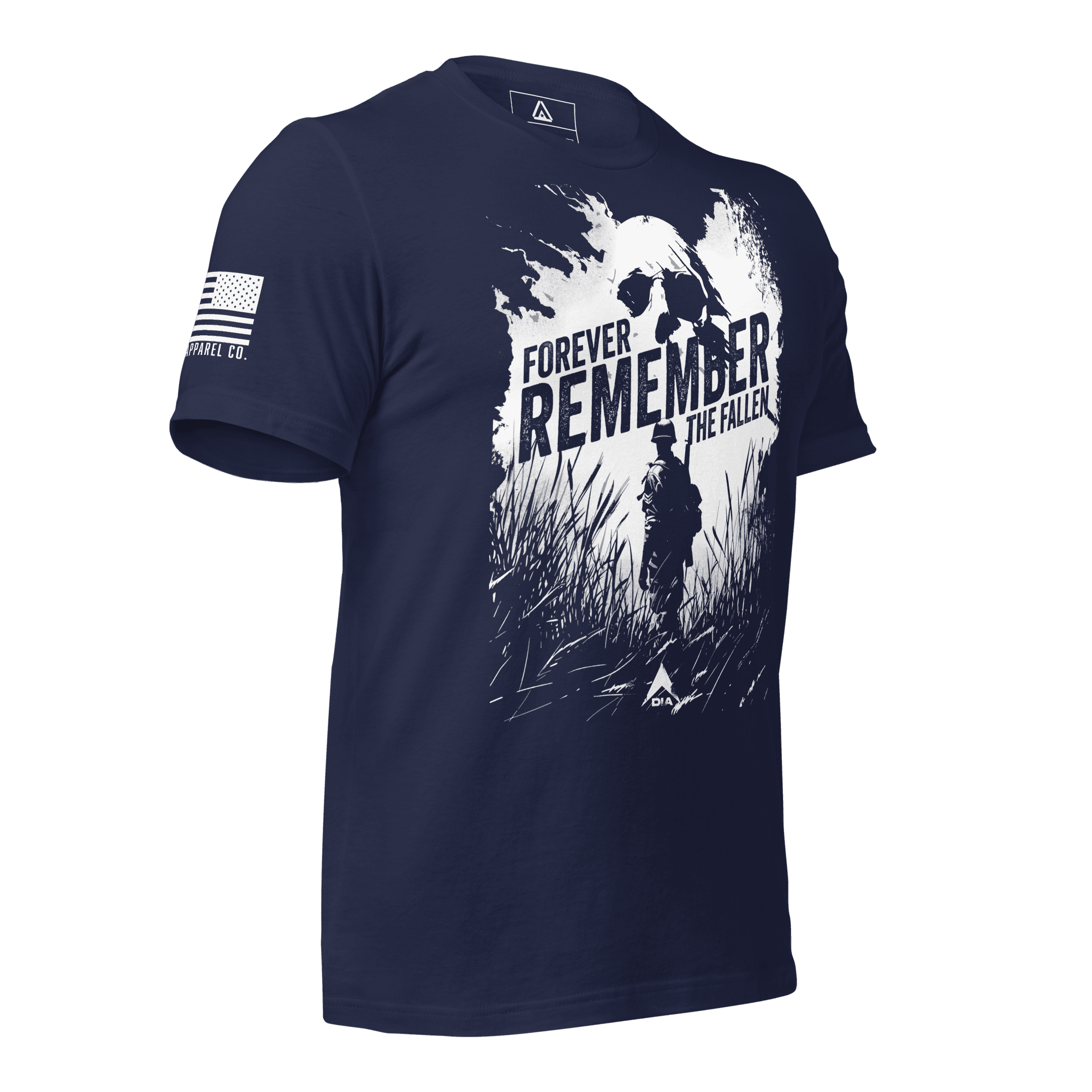 Navy blue t-shirt angled left featuring a white "Forever Remember the Fallen" graphic and a white American flag.