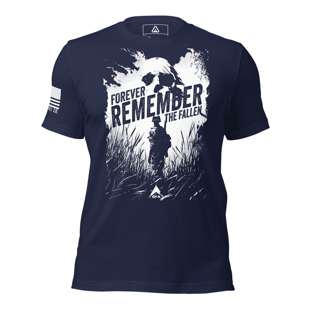 Navy blue t-shirt featuring a "Forever Remember the Fallen" skull graphic and a white American flag on the sleeve.