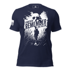 Navy blue t-shirt featuring a "Forever Remember the Fallen" skull graphic and a white American flag on the sleeve.