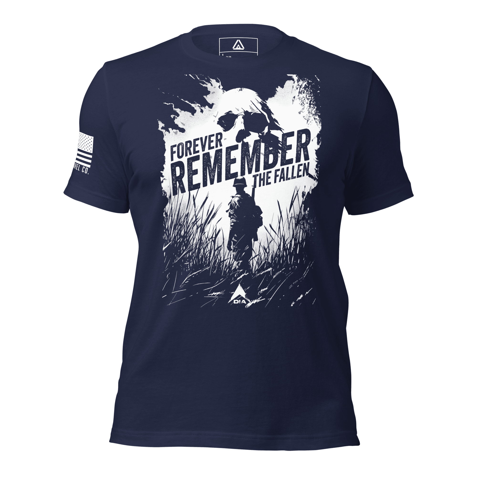 Navy blue t-shirt featuring a "Forever Remember the Fallen" skull graphic and a white American flag on the sleeve.