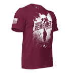 Maroon t-shirt angled left featuring a white "Forever Remember the Fallen" graphic and a white American flag on the sleeve.