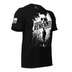 Black t-shirt angled left featuring a white "Forever Remember the Fallen" graphic and a white American flag.