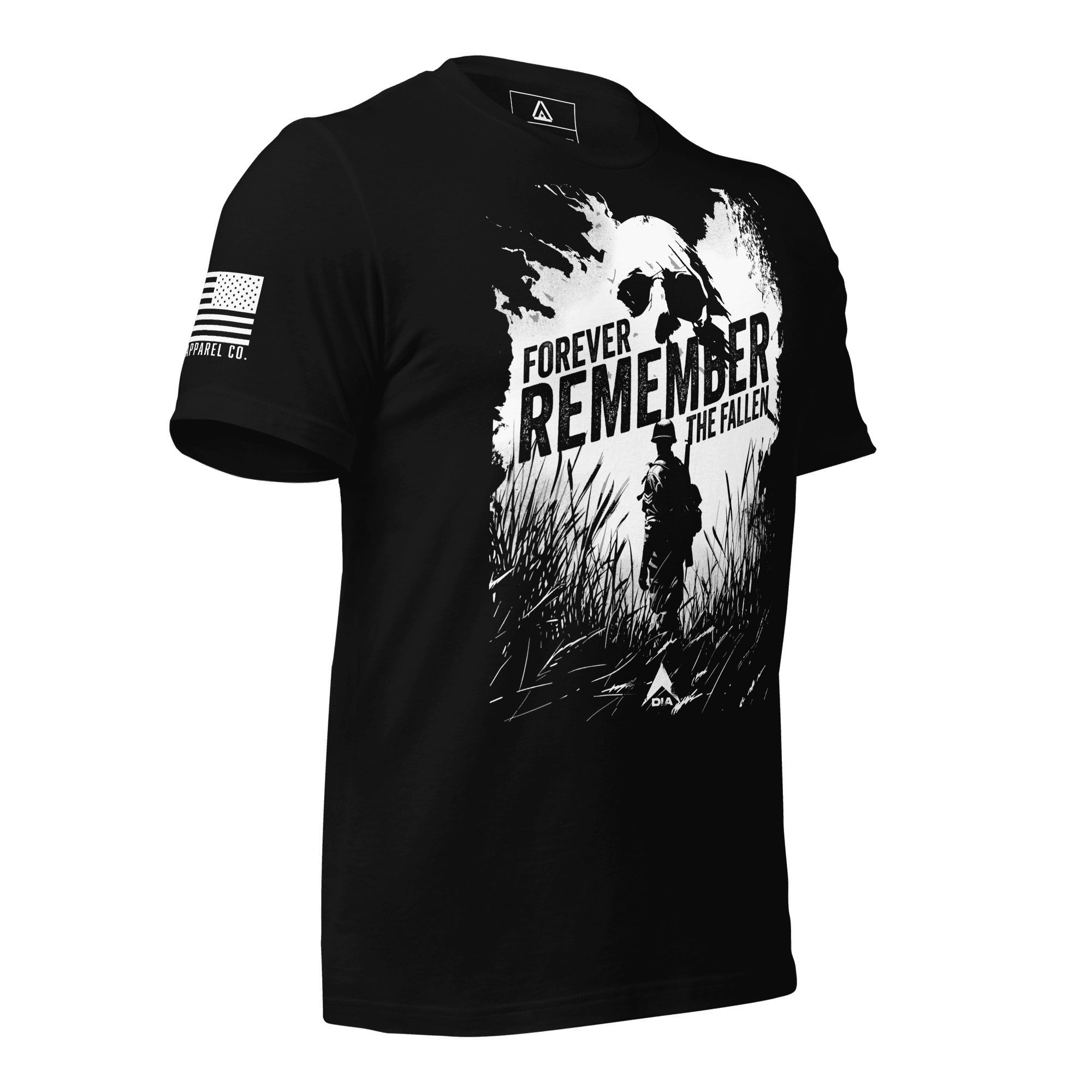 Black t-shirt angled left featuring a white "Forever Remember the Fallen" graphic and a white American flag.
