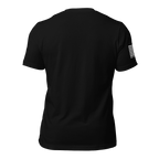 Black t-shirt back view, featuring a minimalist solid fabric and a white monochromatic American flag on the sleeve.