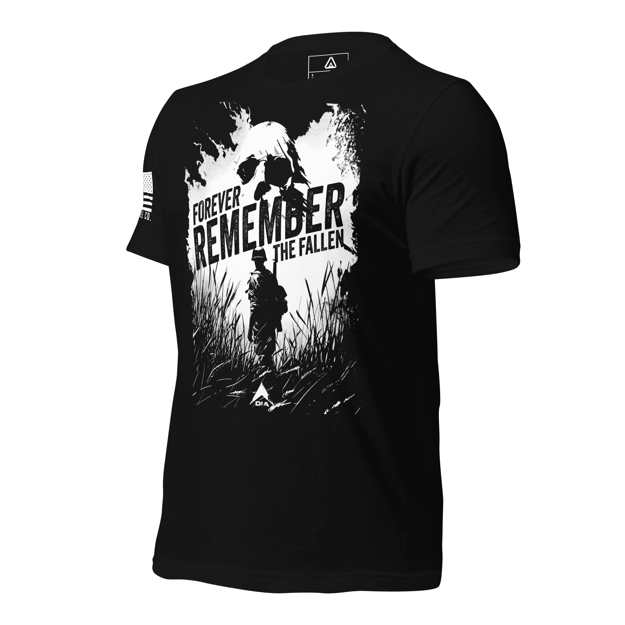 Black t-shirt angled right featuring a white "Forever Remember the Fallen" graphic and a white American flag.