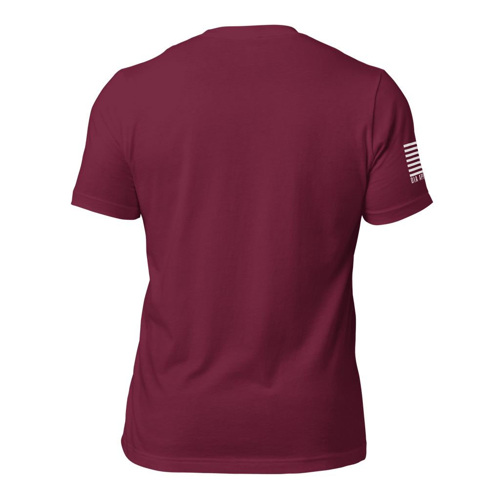 Maroon t-shirt back view, featuring a solid deep red fabric and a white monochromatic American flag on the sleeve.