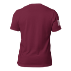 Maroon t-shirt back view, featuring a solid deep red fabric and a white monochromatic American flag on the sleeve.