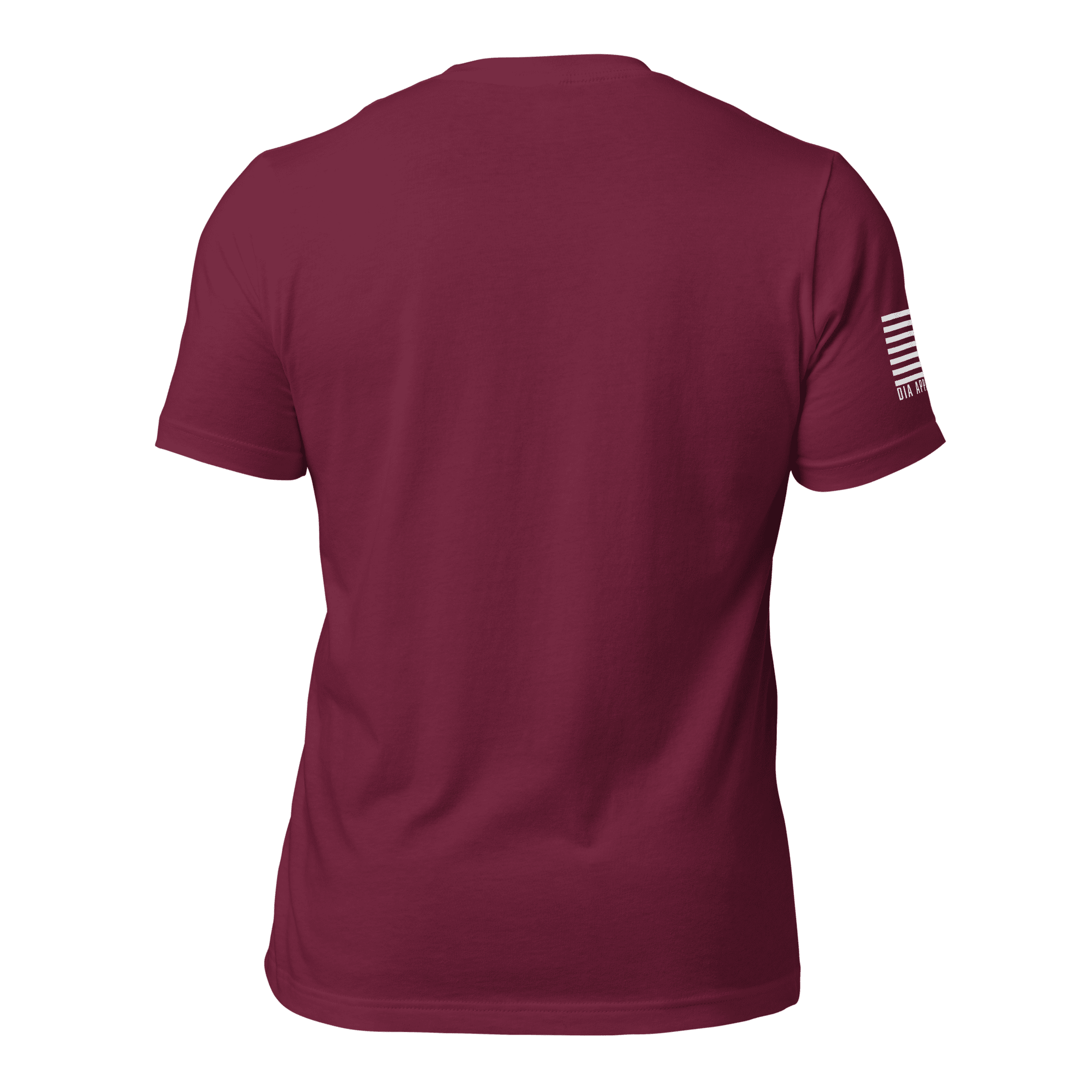 Maroon t-shirt back view, featuring a solid deep red fabric and a white monochromatic American flag on the sleeve.