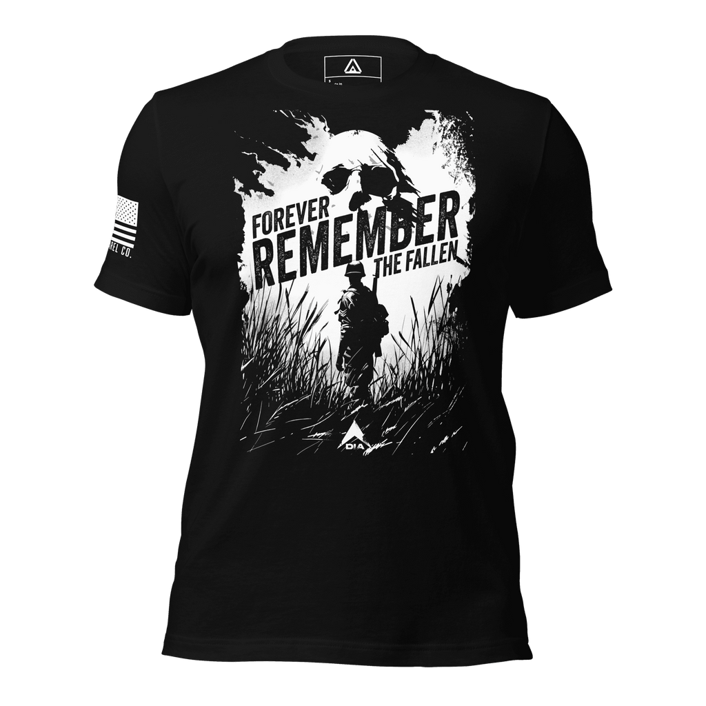 Black t-shirt featuring a "Forever Remember the Fallen" skull and soldier graphic and a white American flag.