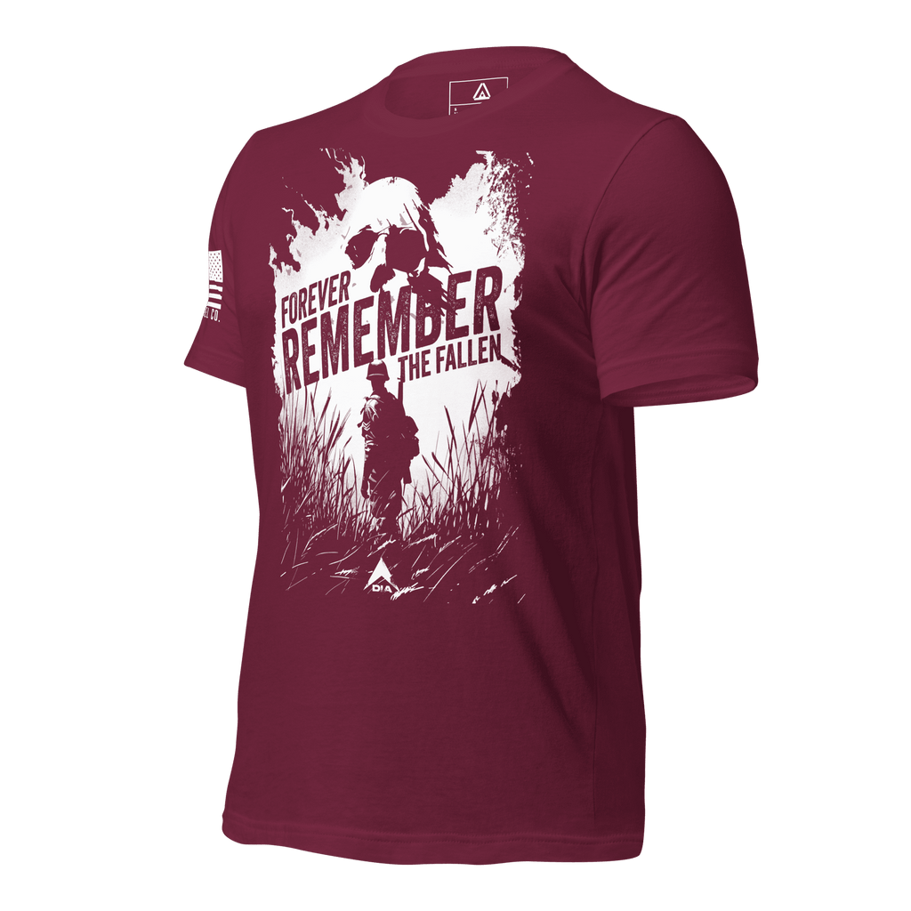 Maroon t-shirt angled right featuring a white "Forever Remember the Fallen" graphic and white American flag on sleeve.