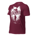 Maroon t-shirt angled right featuring a white "Forever Remember the Fallen" graphic and white American flag on sleeve.