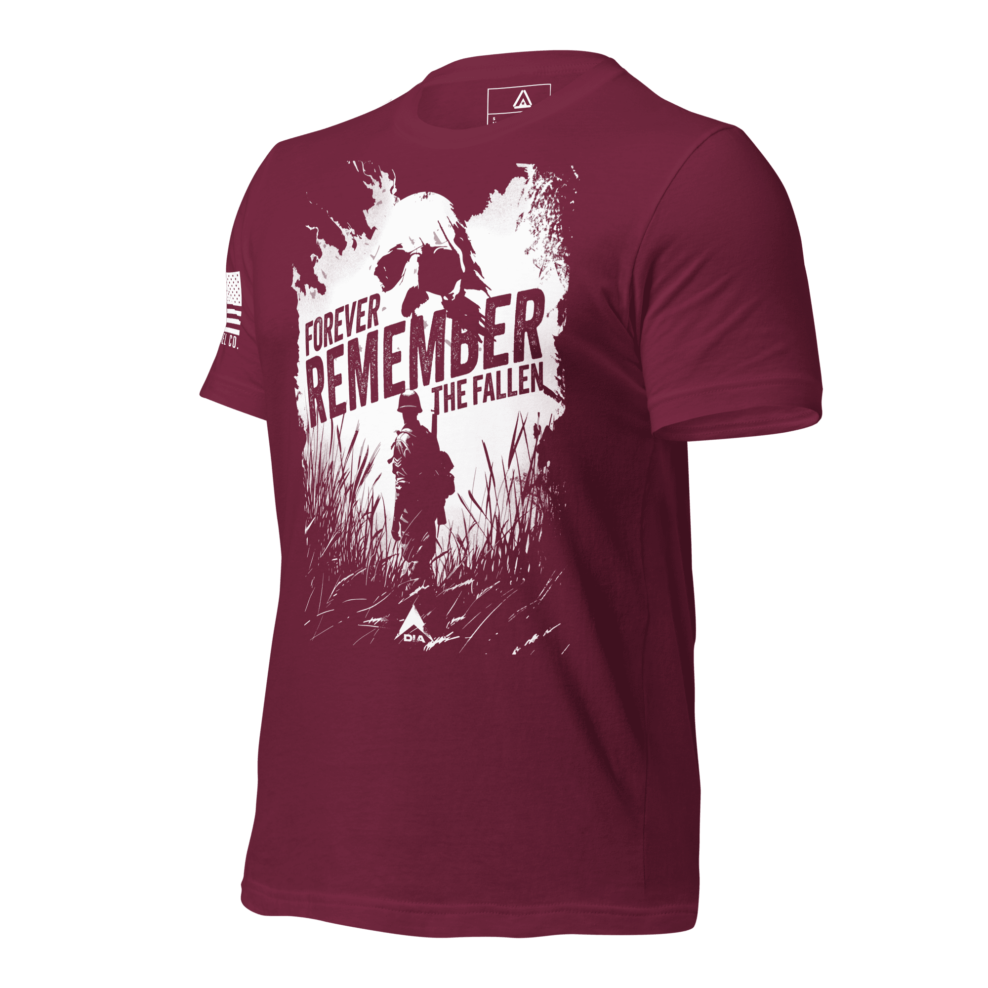 Maroon t-shirt angled right featuring a white "Forever Remember the Fallen" graphic and white American flag on sleeve.