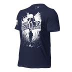 Navy blue t-shirt angled right featuring a white "Forever Remember the Fallen" graphic and white American flag.
