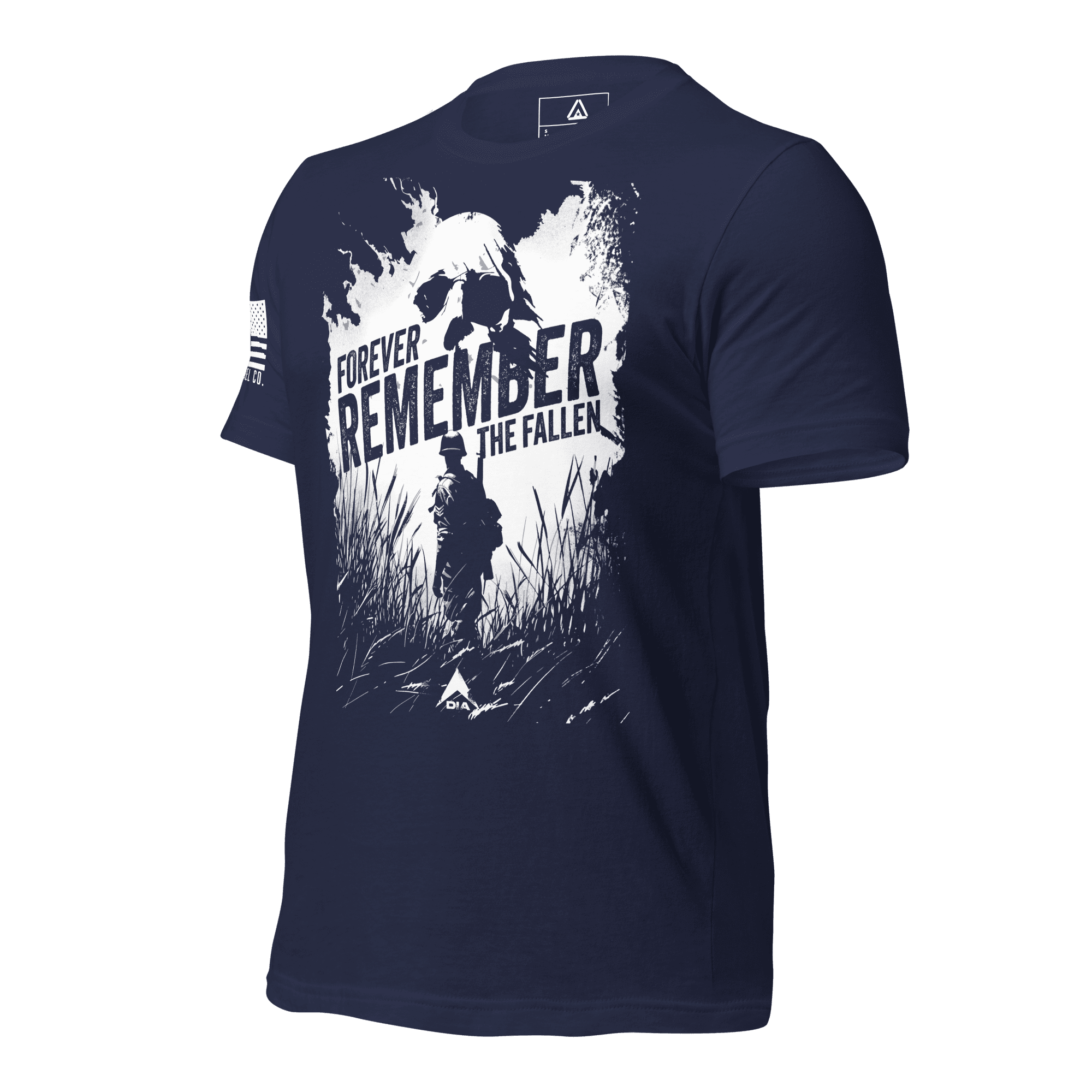 Navy blue t-shirt angled right featuring a white "Forever Remember the Fallen" graphic and white American flag.