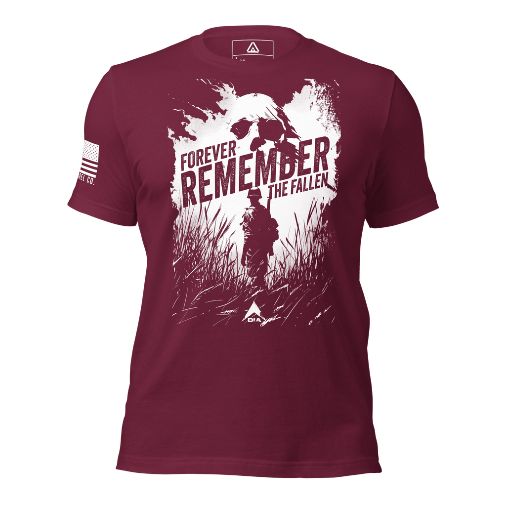 Maroon t-shirt featuring a "Forever Remember the Fallen" graphic with a skull and a white American flag on the sleeve.