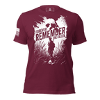 Maroon t-shirt featuring a "Forever Remember the Fallen" graphic with a skull and a white American flag on the sleeve.