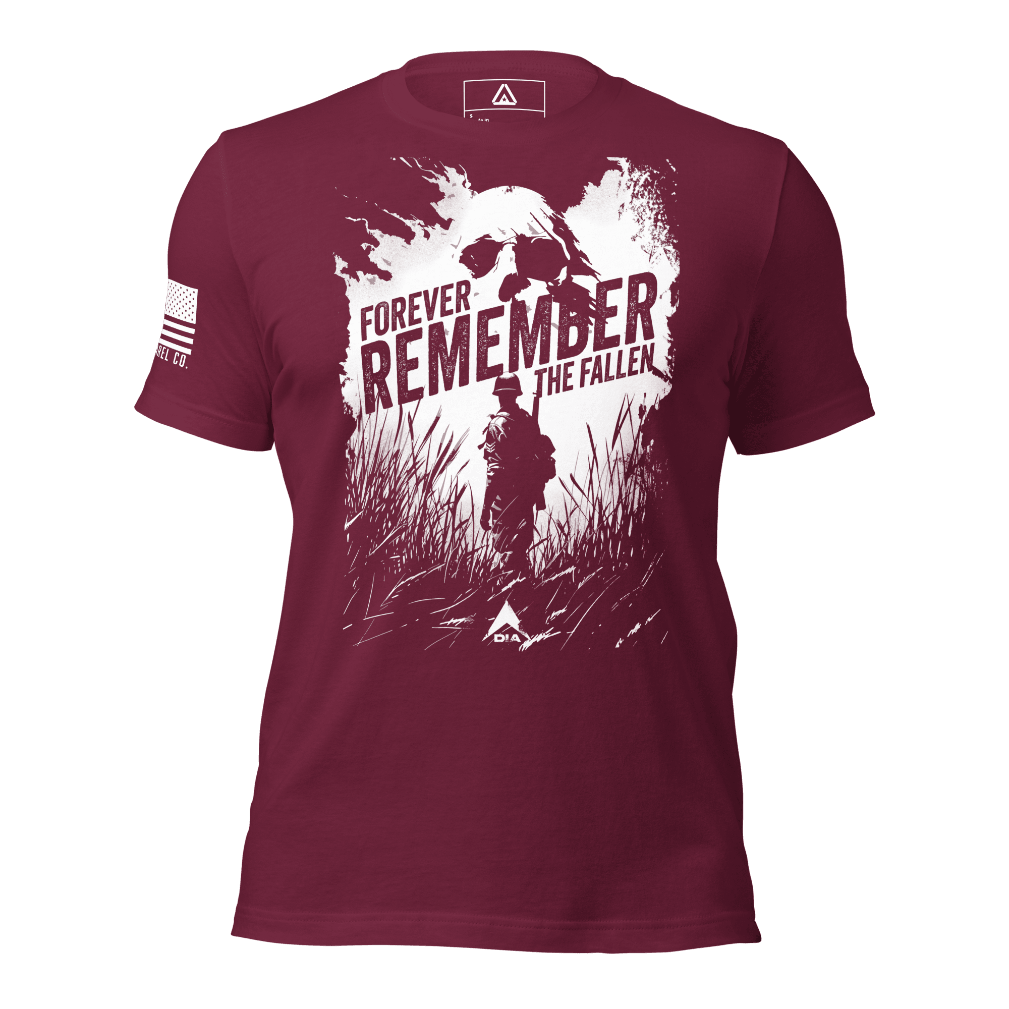 Maroon t-shirt featuring a "Forever Remember the Fallen" graphic with a skull and a white American flag on the sleeve.