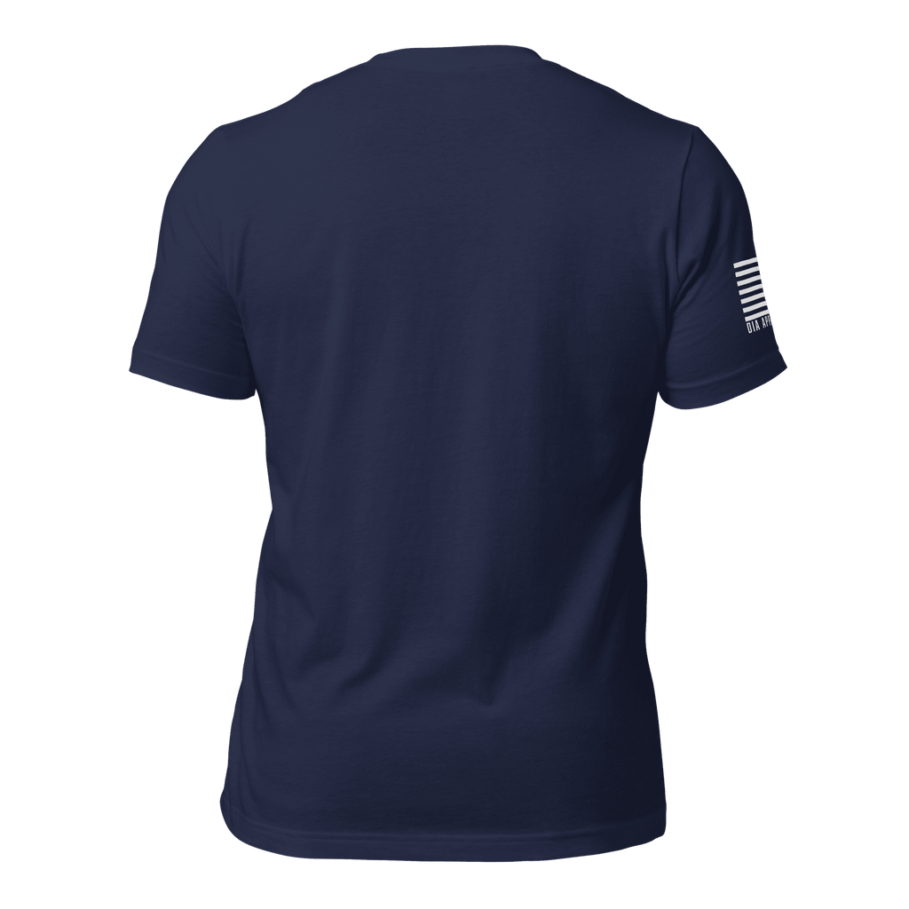 Navy blue t-shirt back view, featuring a solid dark fabric and a white monochromatic American flag on the sleeve.