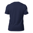 Navy blue t-shirt back view, featuring a solid dark fabric and a white monochromatic American flag on the sleeve.