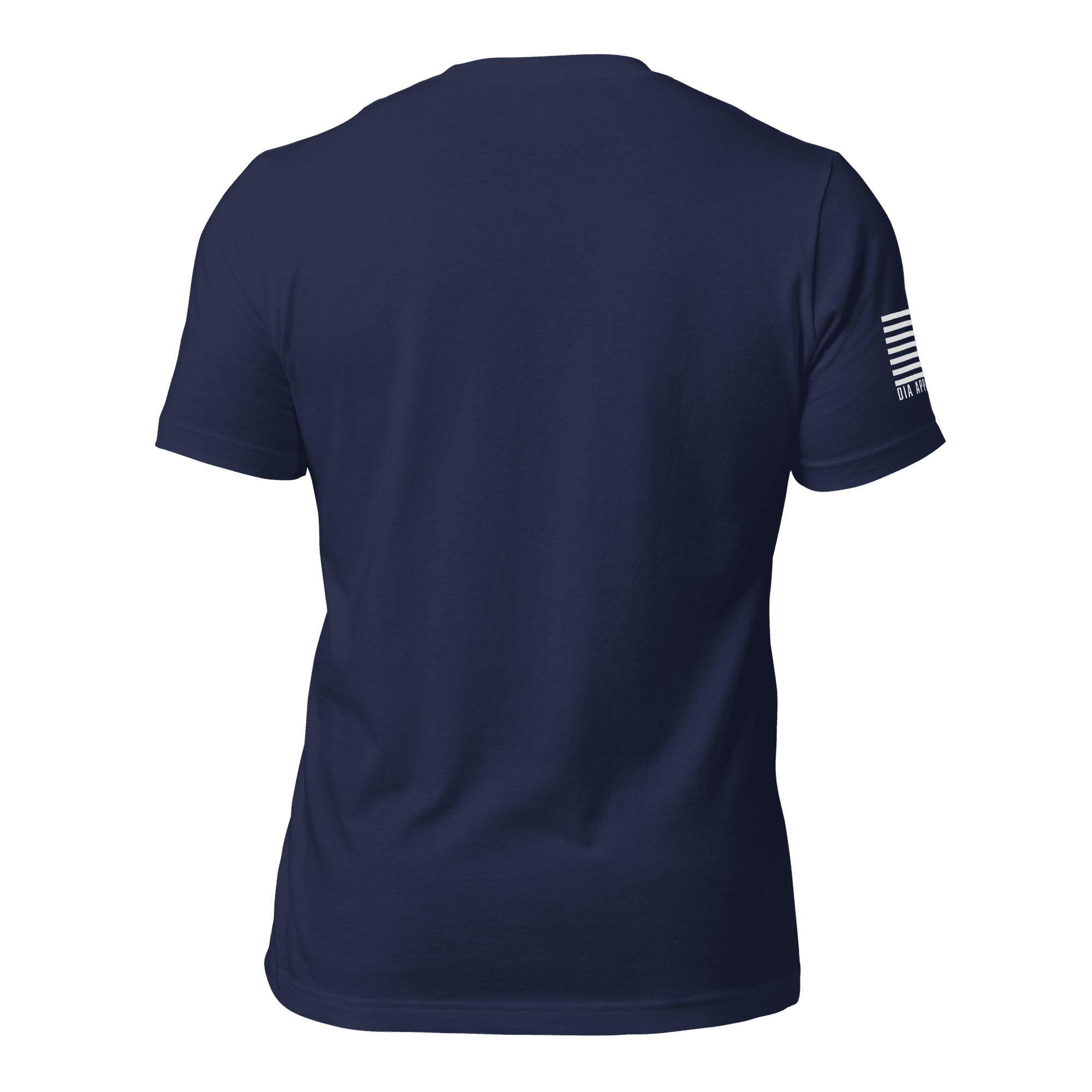 Navy blue t-shirt back view, featuring a solid dark fabric and a white monochromatic American flag on the sleeve.