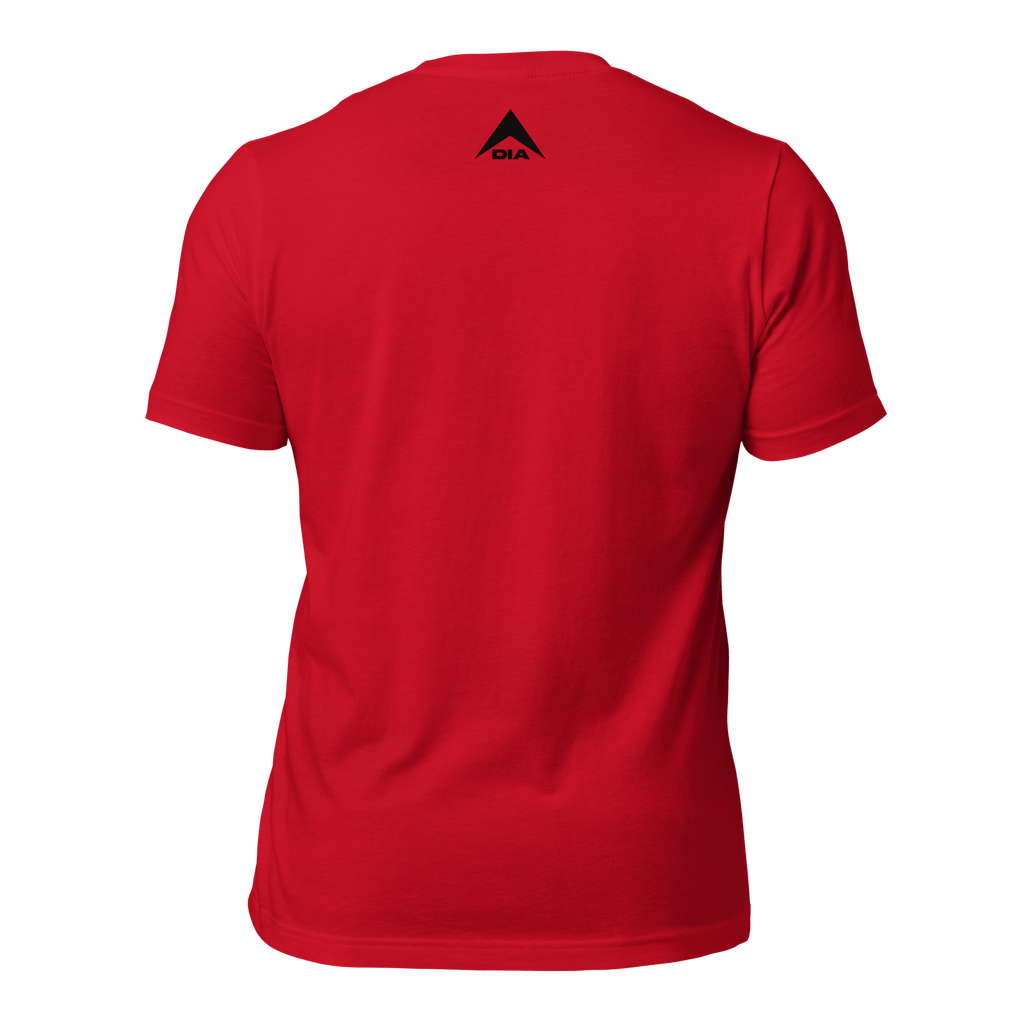 Red shirt shown from a straight back view, featuring a black DIA logo centered below the collar.