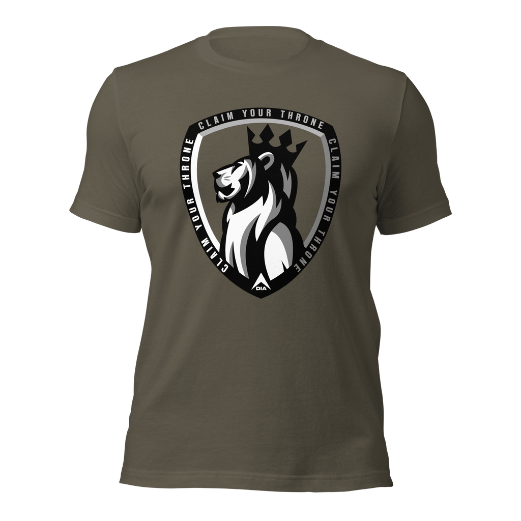 Army green shirt featuring a lion crest with "CLAIM YOUR THRONE" text, showcasing a DIA logo.