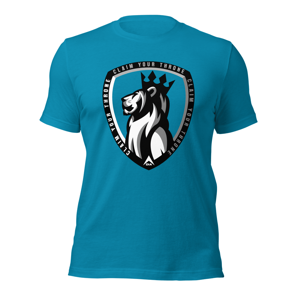 Aqua blue shirt featuring a lion crest with "CLAIM YOUR THRONE" text, showcasing a DIA logo.