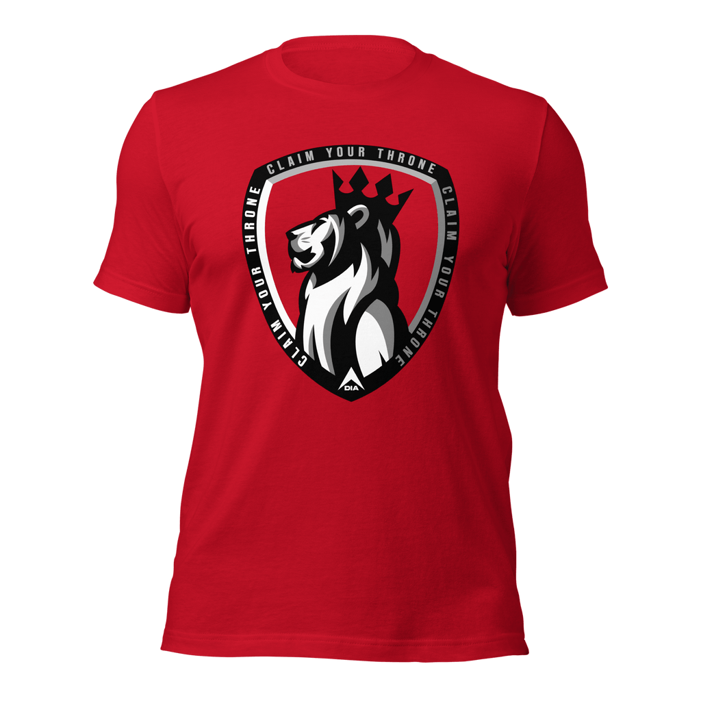 Red shirt with a lion crest with "CLAIM YOUR THRONE" text, showcasing a DIA logo.