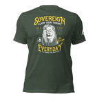 Heather forrest green t-shirt featuring a yellow "SOVEREIGN" lion chest graphic and a white DIA logo sleeve graphic.