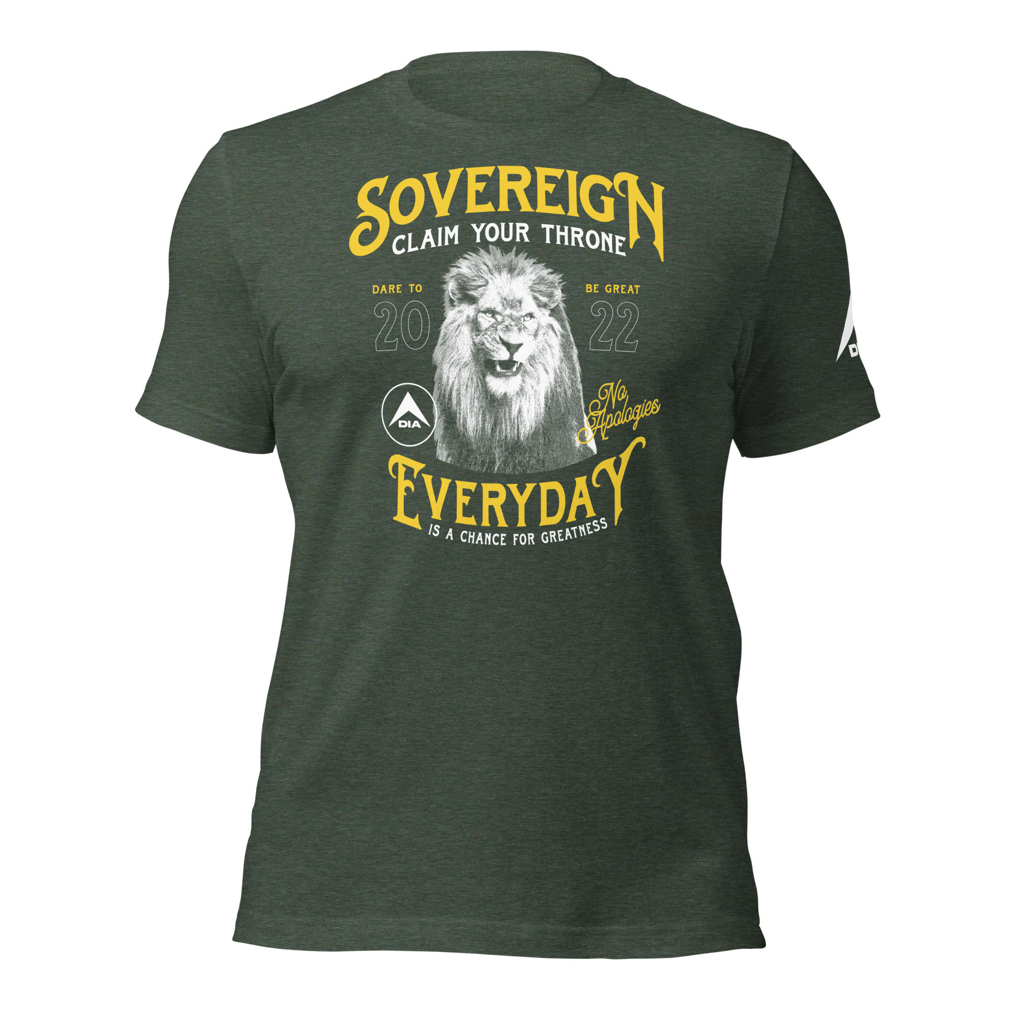 Heather forrest green t-shirt featuring a yellow "SOVEREIGN" lion chest graphic and a white DIA logo sleeve graphic.