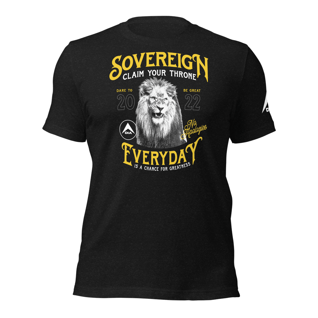 Black heather t-shirt featuring a yellow "SOVEREIGN" lion chest graphic and a white DIA logo sleeve graphic.
