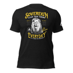 Black heather t-shirt featuring a yellow "SOVEREIGN" lion chest graphic and a white DIA logo sleeve graphic.