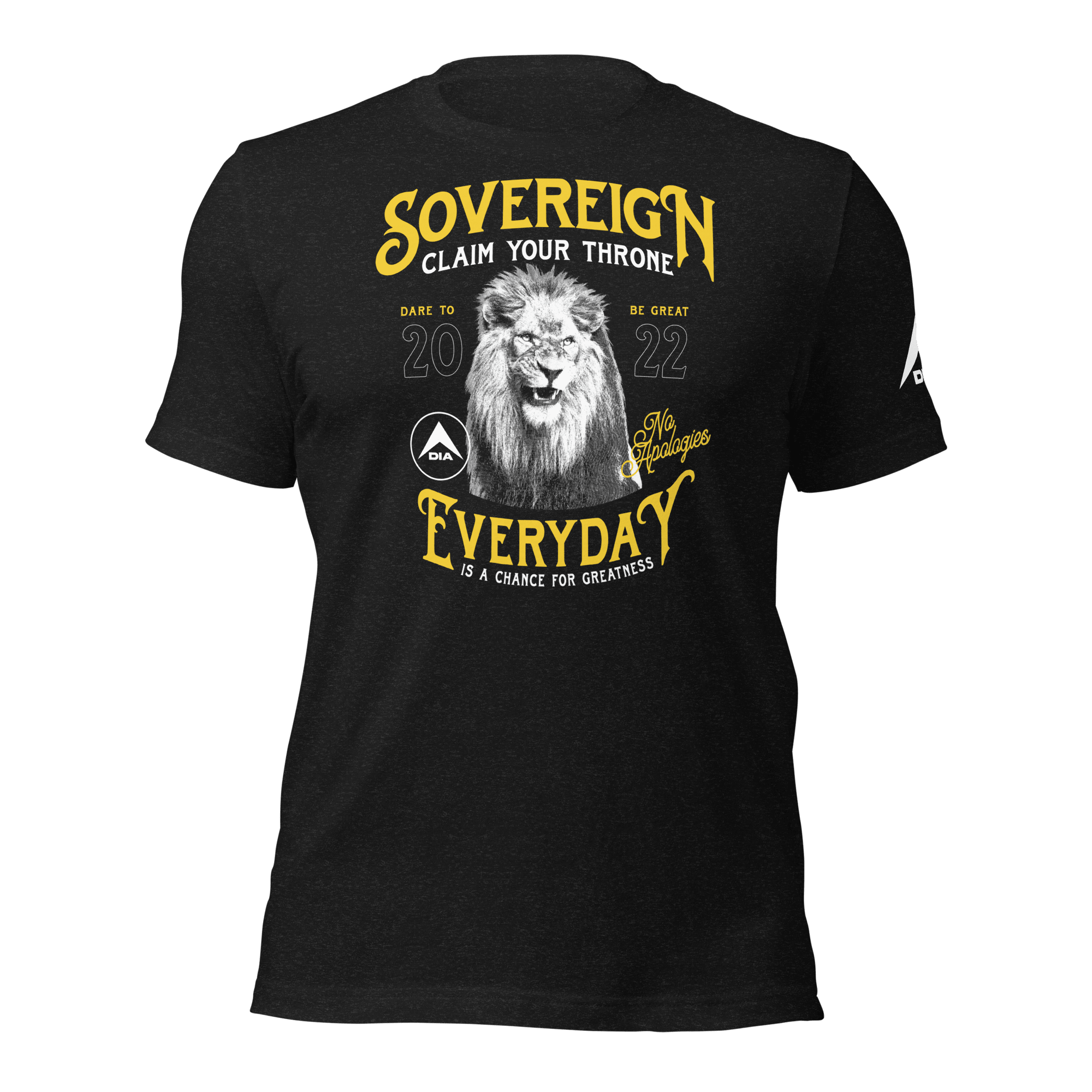 Black heather t-shirt featuring a yellow "SOVEREIGN" lion chest graphic and a white DIA logo sleeve graphic.
