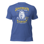 Heather true Royal blue t-shirt featuring a yellow "SOVEREIGN" lion chest graphic and a white DIA logo sleeve graphic.