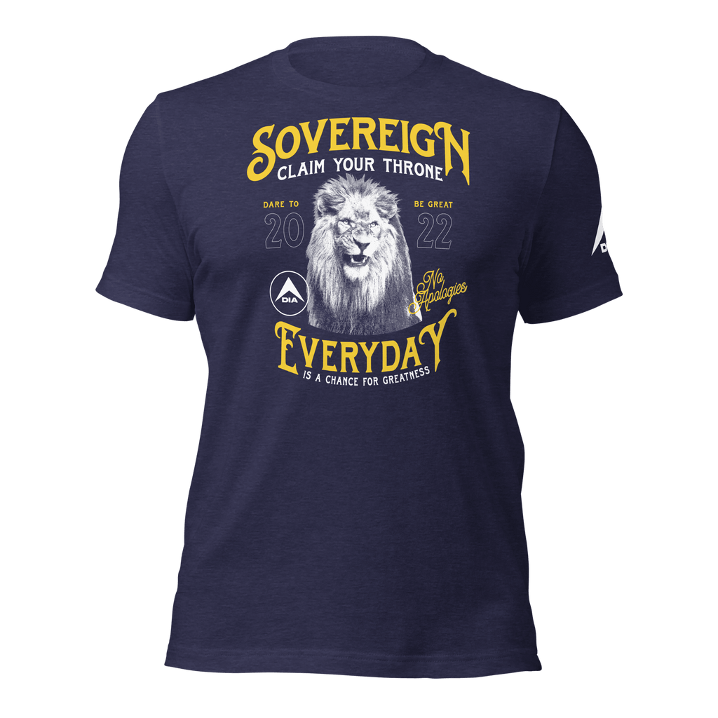 Heather midnight Navy blue t-shirt featuring a yellow "SOVEREIGN" lion chest graphic and a white DIA logo sleeve graphic.