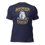 Heather midnight Navy blue t-shirt featuring a yellow "SOVEREIGN" lion chest graphic and a white DIA logo sleeve graphic.