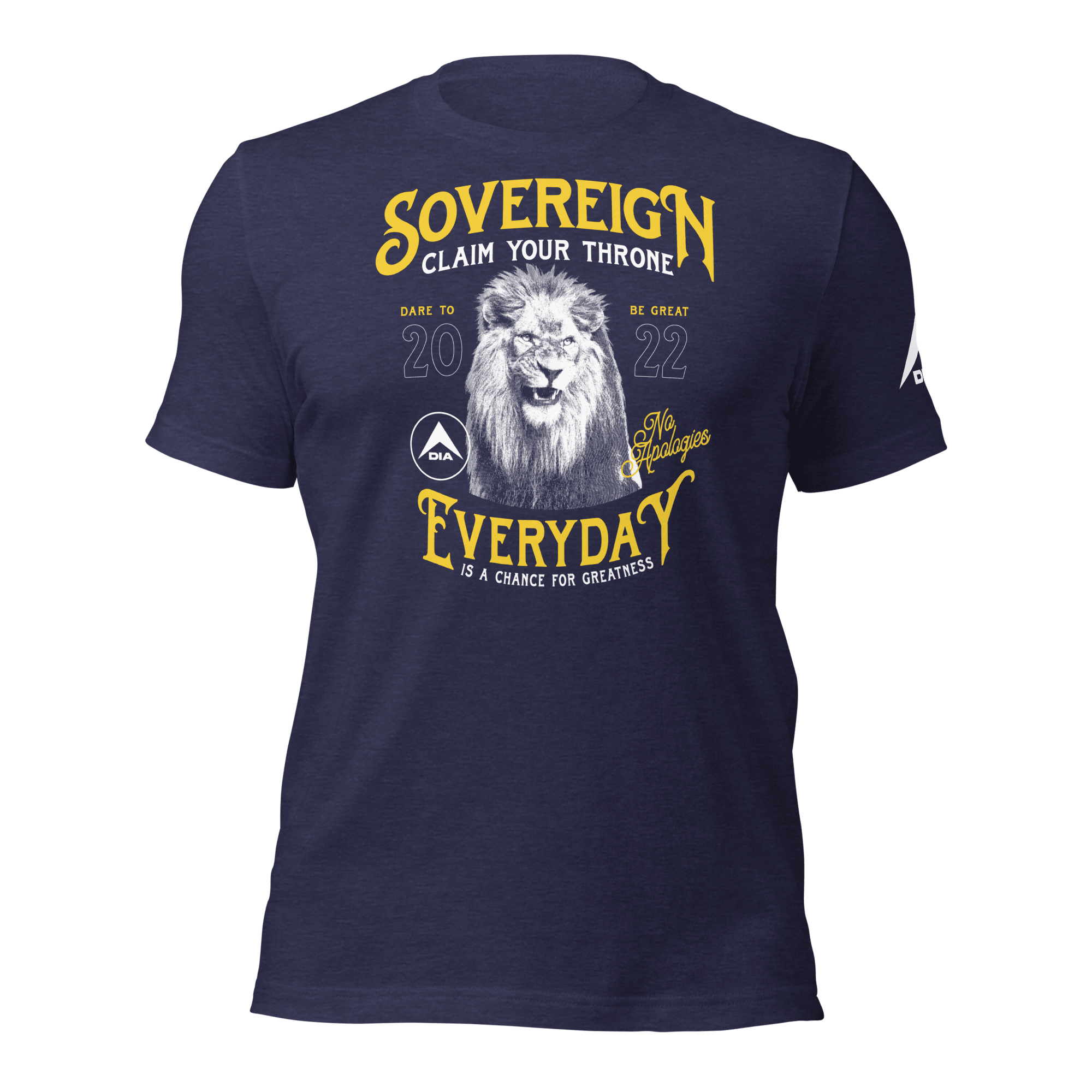 Heather midnight Navy blue t-shirt featuring a yellow "SOVEREIGN" lion chest graphic and a white DIA logo sleeve graphic.