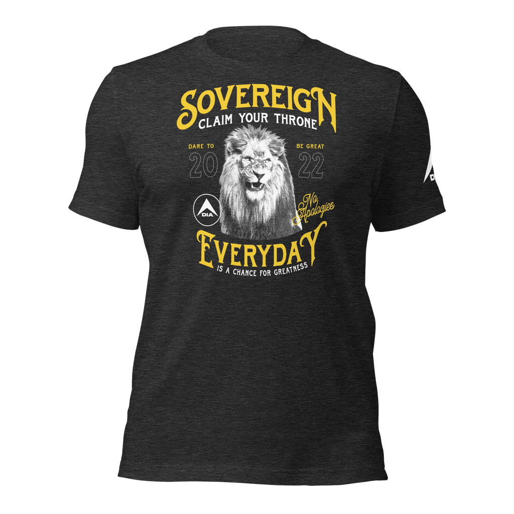 Dark gray heather t-shirt featuring a yellow "SOVEREIGN" lion chest graphic and a white DIA logo sleeve graphic.