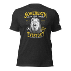 Dark gray heather t-shirt featuring a yellow "SOVEREIGN" lion chest graphic and a white DIA logo sleeve graphic.
