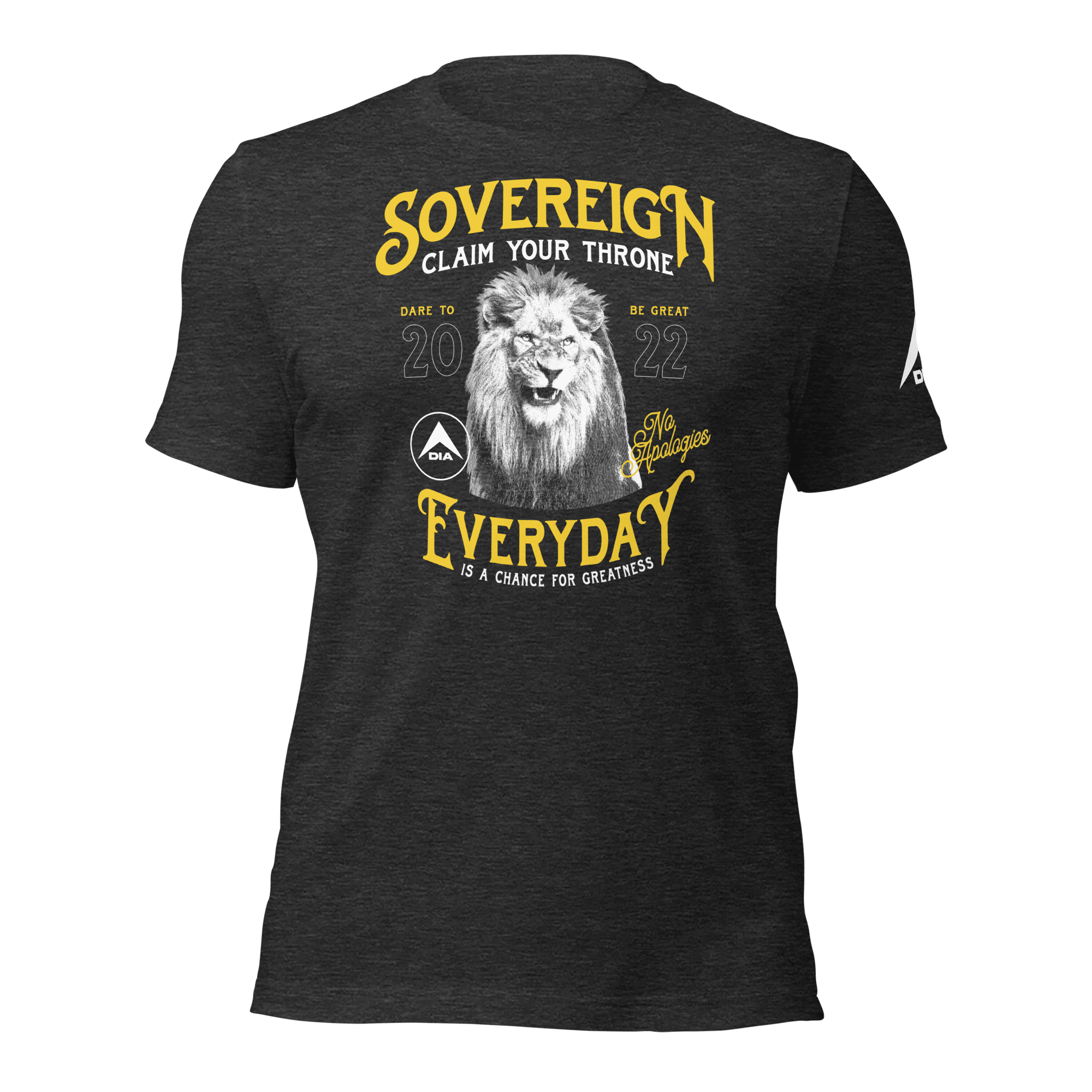 Dark gray heather t-shirt featuring a yellow "SOVEREIGN" lion chest graphic and a white DIA logo sleeve graphic.