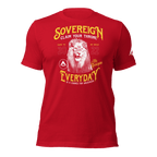 Red t-shirt featuring a yellow "SOVEREIGN" lion chest graphic and a white DIA logo sleeve graphic.