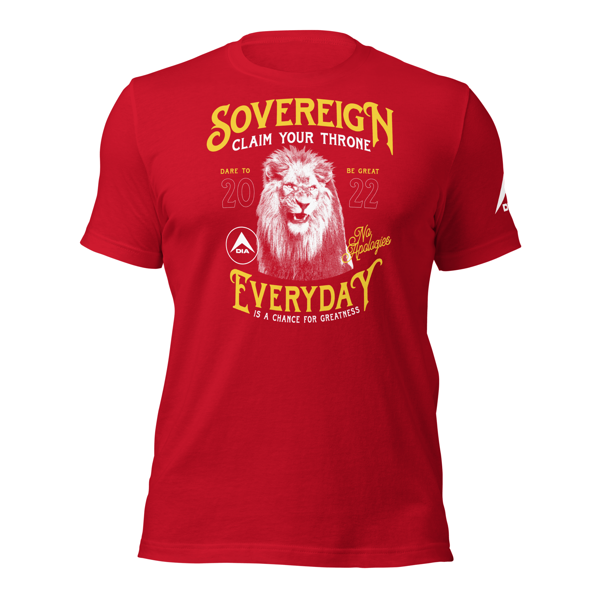 Red t-shirt featuring a yellow "SOVEREIGN" lion chest graphic and a white DIA logo sleeve graphic.