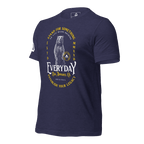 Heather midnight Navy blue t-shirt, three-quarter view angled to the right, featuring a bear graphic.