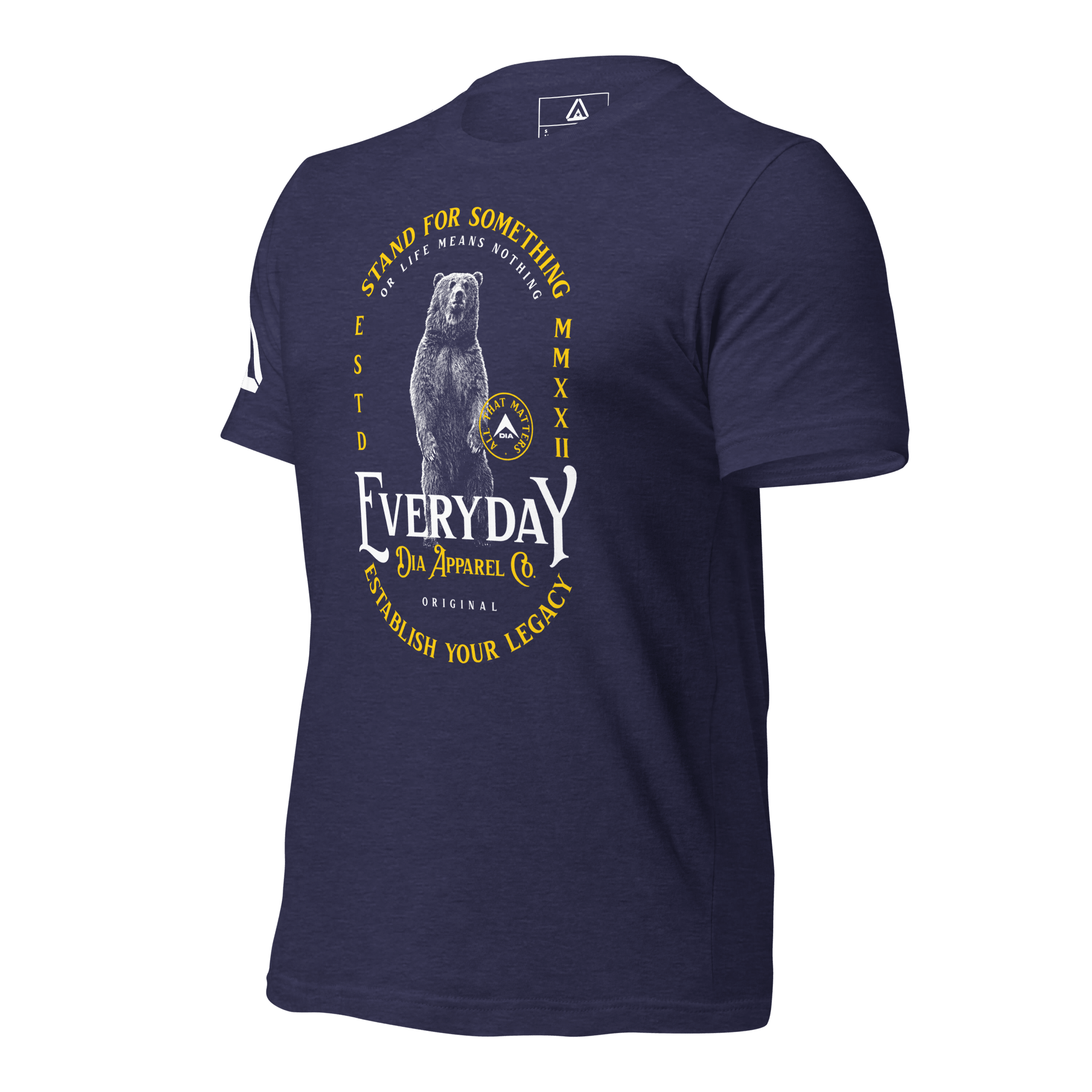 Heather midnight Navy blue t-shirt, three-quarter view angled to the right, featuring a bear graphic.
