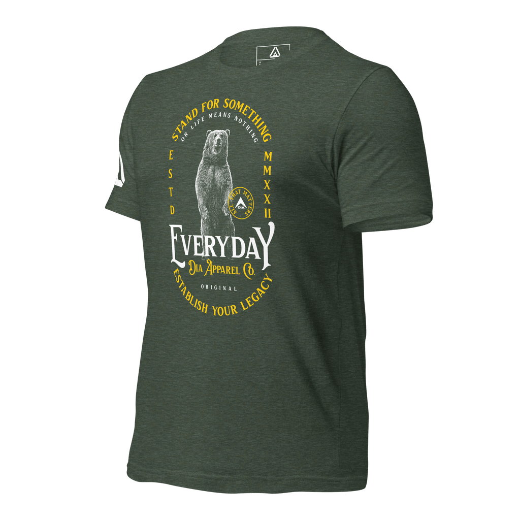 Heather forrest green t-shirt, three-quarter view angled to the right, featuring a bear graphic
