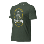 Heather forrest green t-shirt, three-quarter view angled to the right, featuring a bear graphic