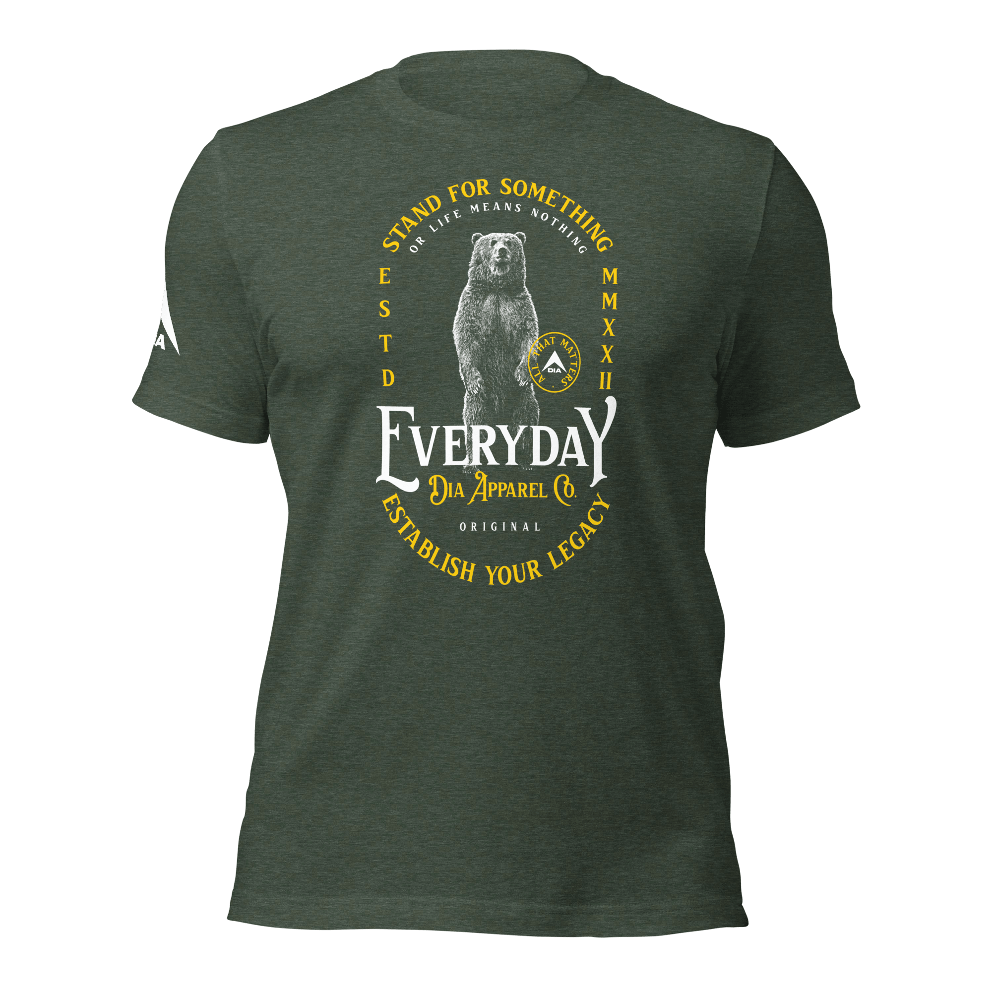 Heather forrest green t-shirt with a bear graphic and "STAND FOR SOMETHING" text in a front view.