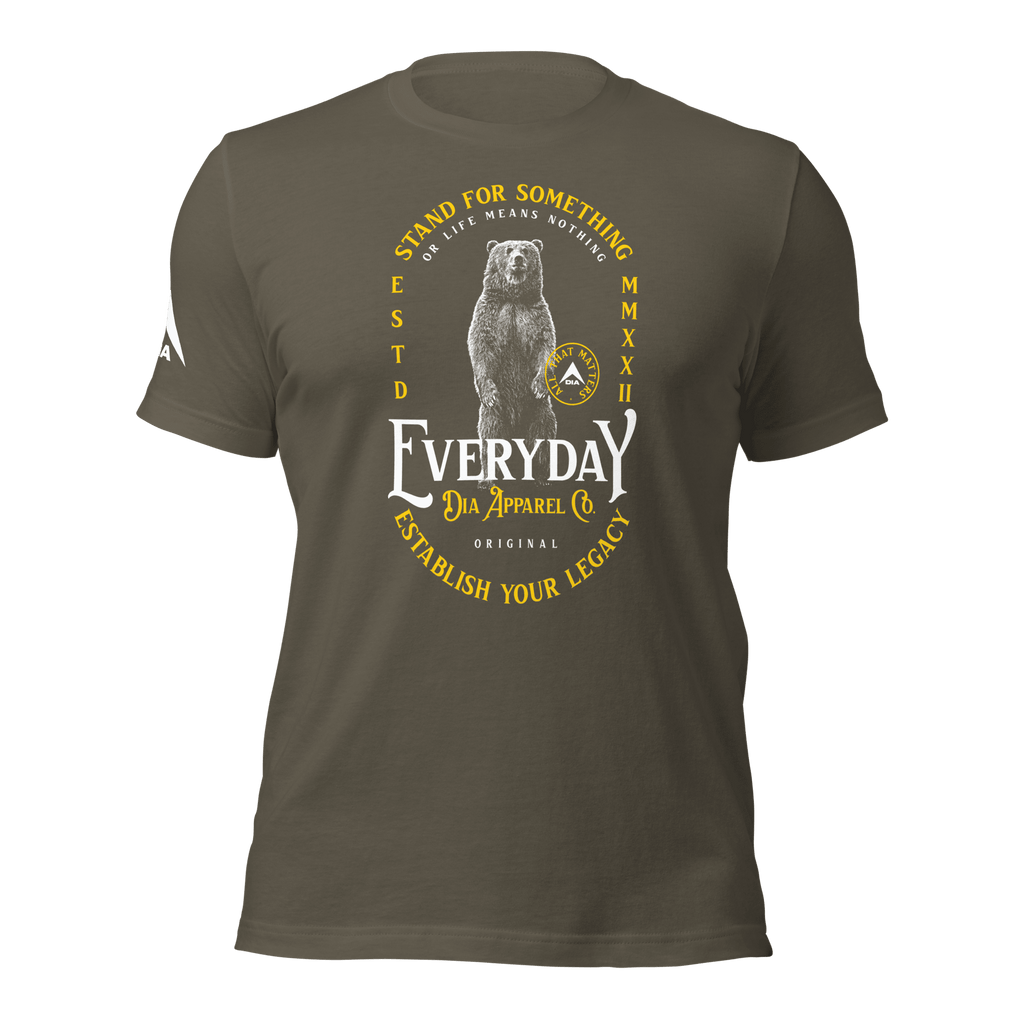 Army green t-shirt with a standing bear graphic and "STAND FOR SOMETHING" text in a front view.